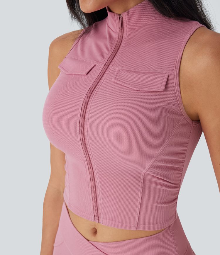 Stand Collar Zipper Ruched Skinny Cropped Waffle Yoga Tank Top