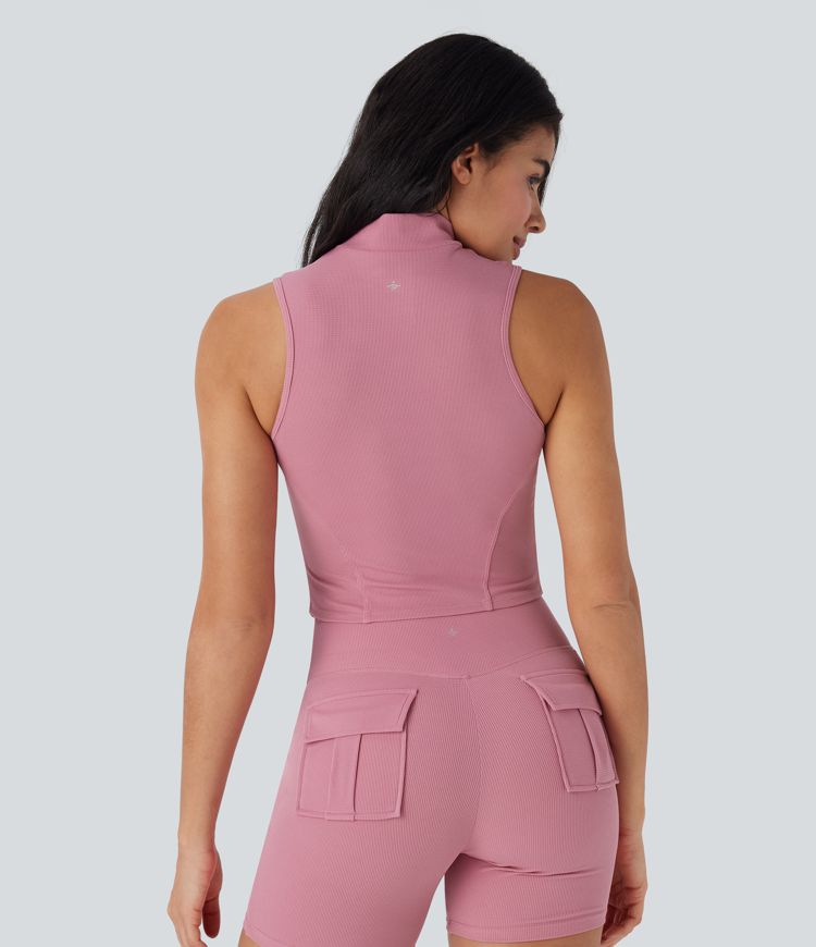 Stand Collar Zipper Ruched Skinny Cropped Waffle Yoga Tank Top