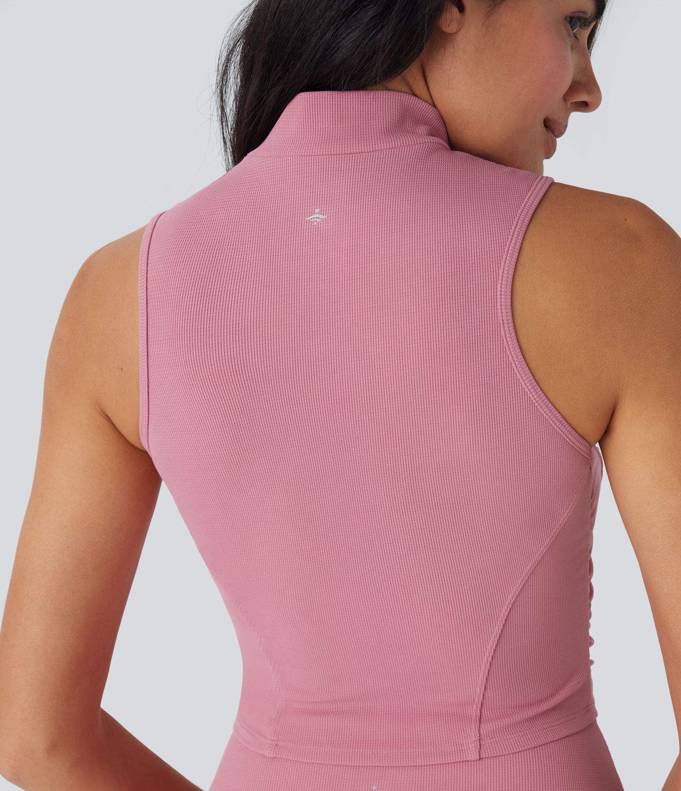 Stand Collar Zipper Ruched Skinny Cropped Waffle Yoga Tank Top