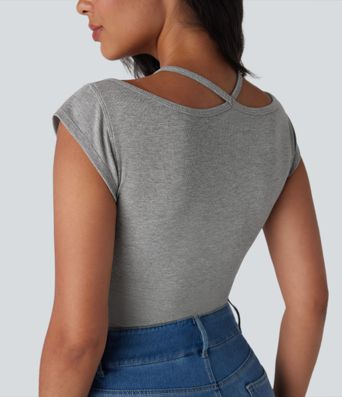 Top encaje acanalado manga corta cuello halter súper elástico agradable para piel