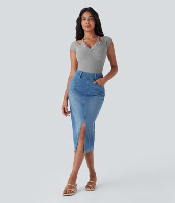 Top encaje acanalado manga corta cuello halter súper elástico agradable para piel