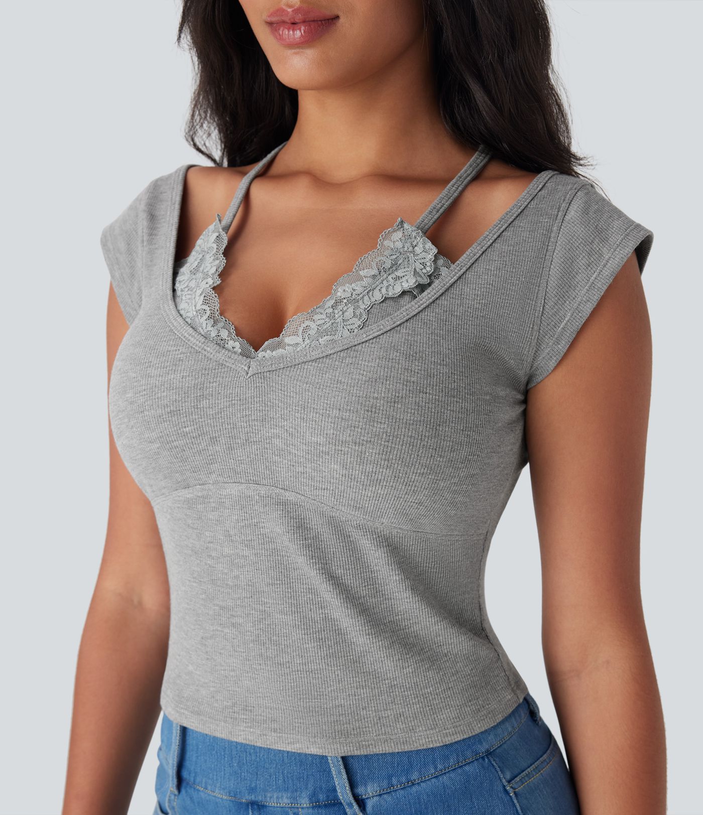 Top encaje acanalado manga corta cuello halter súper elástico agradable para piel