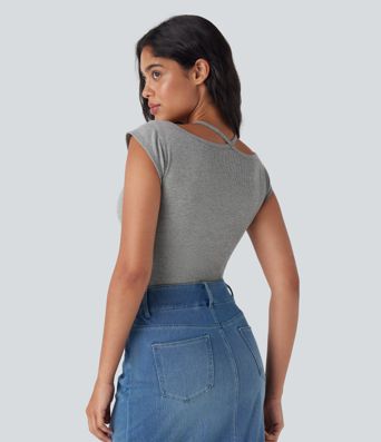 Top encaje acanalado manga corta cuello halter súper elástico agradable para piel