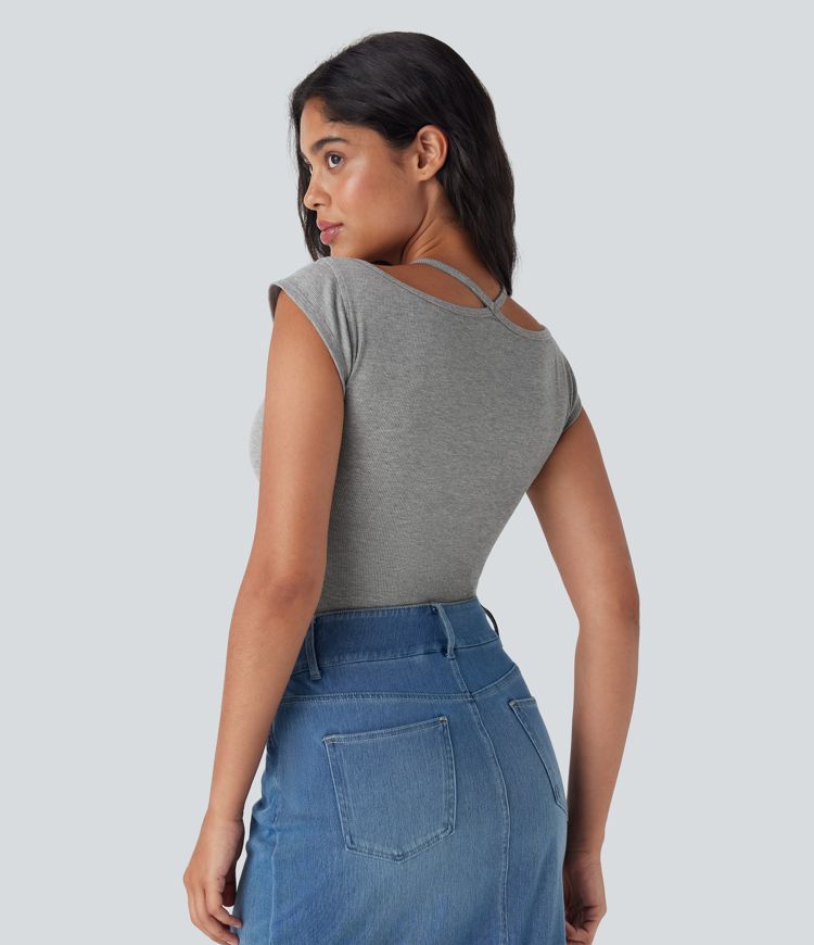 Top encaje acanalado manga corta cuello halter súper elástico agradable para piel