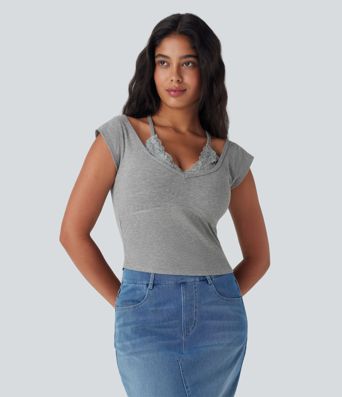 Top encaje acanalado manga corta cuello halter súper elástico agradable para piel