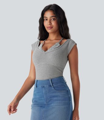 Top encaje acanalado manga corta cuello halter súper elástico agradable para piel