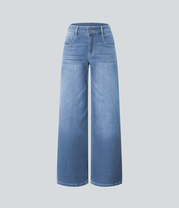 Halara Flex™ Low Rise Zipper Pockets Washed Baggy Wide Leg Casual Jeans