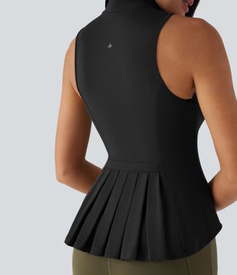 SoftlyZero™ Stand Collar Sleeveless Zipper Pleated Tank Top with Pockets-UPF50+