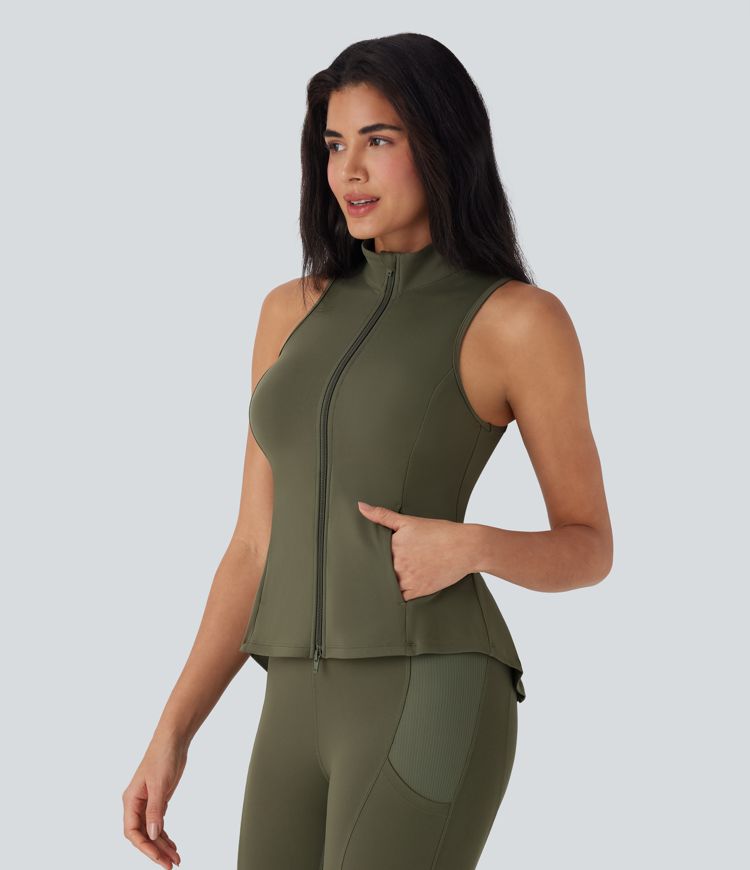 SoftlyZero™ Stand Collar Sleeveless Zipper Pleated Tank Top with Pockets-UPF50+