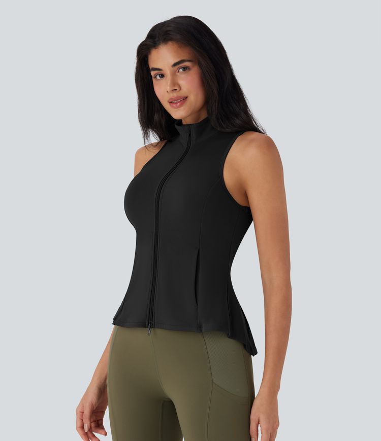 SoftlyZero™ Stand Collar Sleeveless Zipper Pleated Tank Top with Pockets-UPF50+