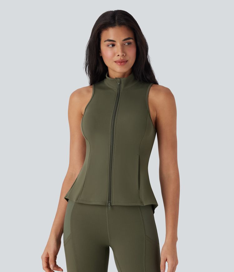 Softlyzero™ Stand Collar Sleeveless Zipper Pleated Equestrian Horse Riding Tank Top with Side Pockets-UPF50+