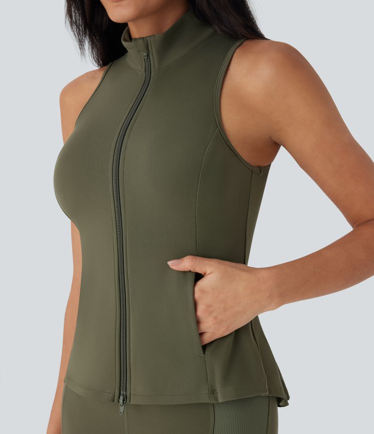 Top de equitación Softlyzero™ UPF50+ sin mangas con cuello alto, cremallera y plisado con bolsillos laterales