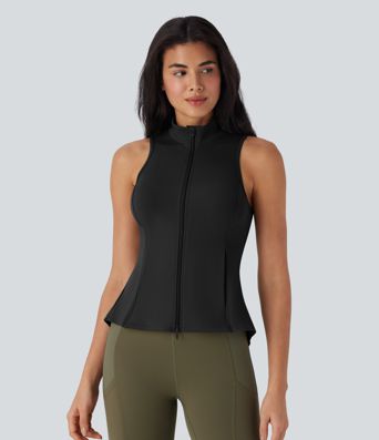 SoftlyZero™ Stand Collar Sleeveless Zipper Pleated Tank Top with Pockets-UPF50+