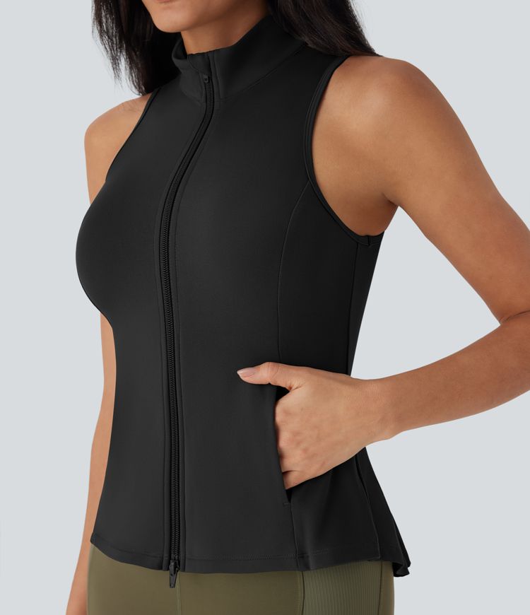 SoftlyZero™ Stand Collar Sleeveless Zipper Pleated Tank Top with Pockets-UPF50+