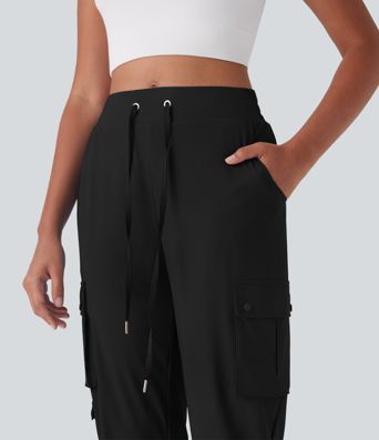 High Waisted Drawstring Quick Dry Dance Cropped Capri Cargo Joggers with Pockets