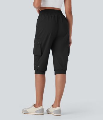 High Waisted Drawstring Quick Dry Dance Cropped Capri Cargo Joggers with Pockets