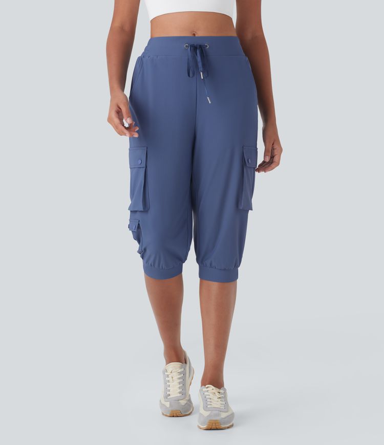 High Waisted Drawstring Quick Dry Dance Pedal Pusher Cargo Joggers with Pockets