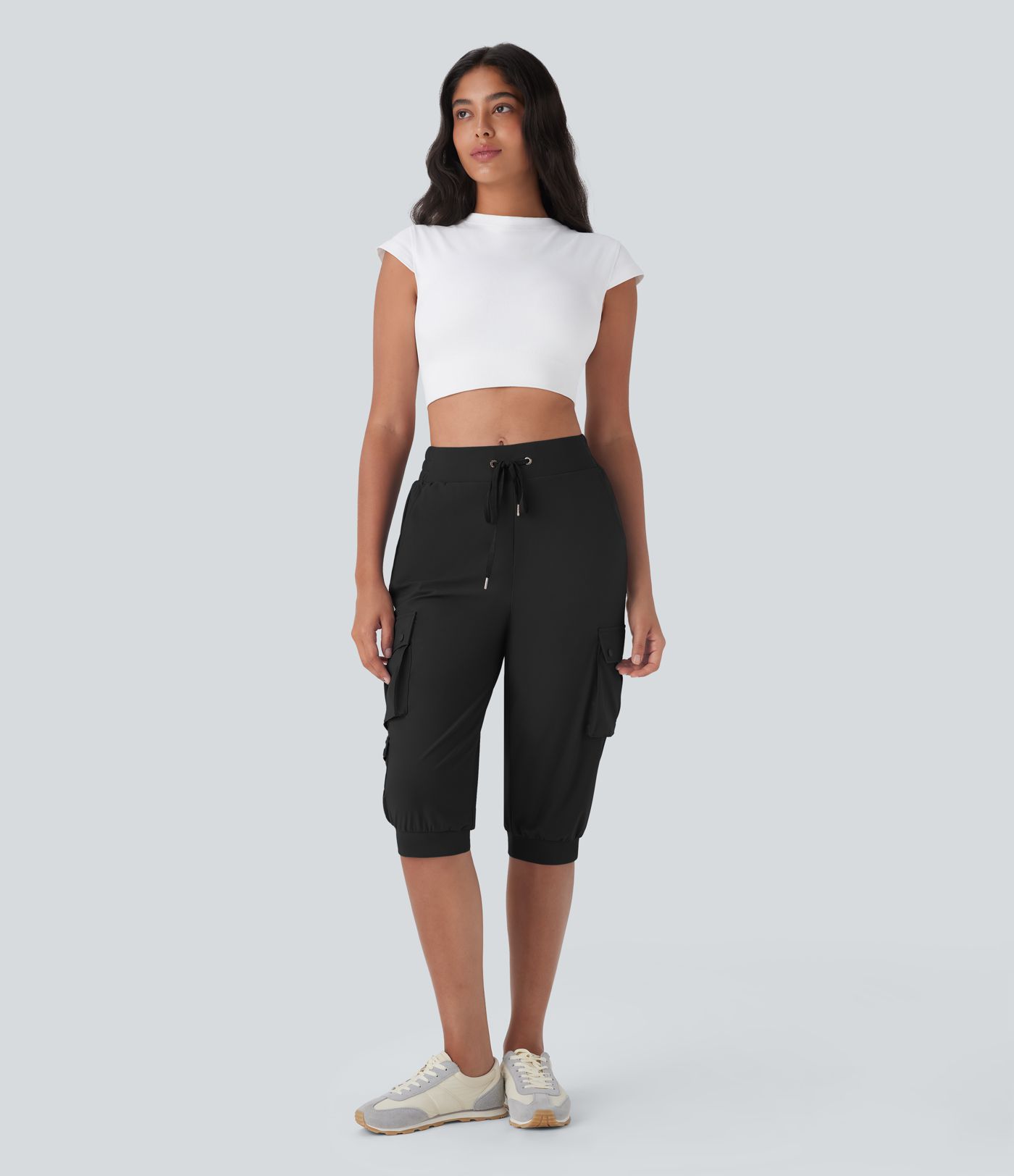 High Waisted Drawstring Quick Dry Dance Cropped Capri Cargo Joggers with Pockets