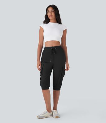 High Waisted Drawstring Quick Dry Dance Cropped Capri Cargo Joggers with Pockets