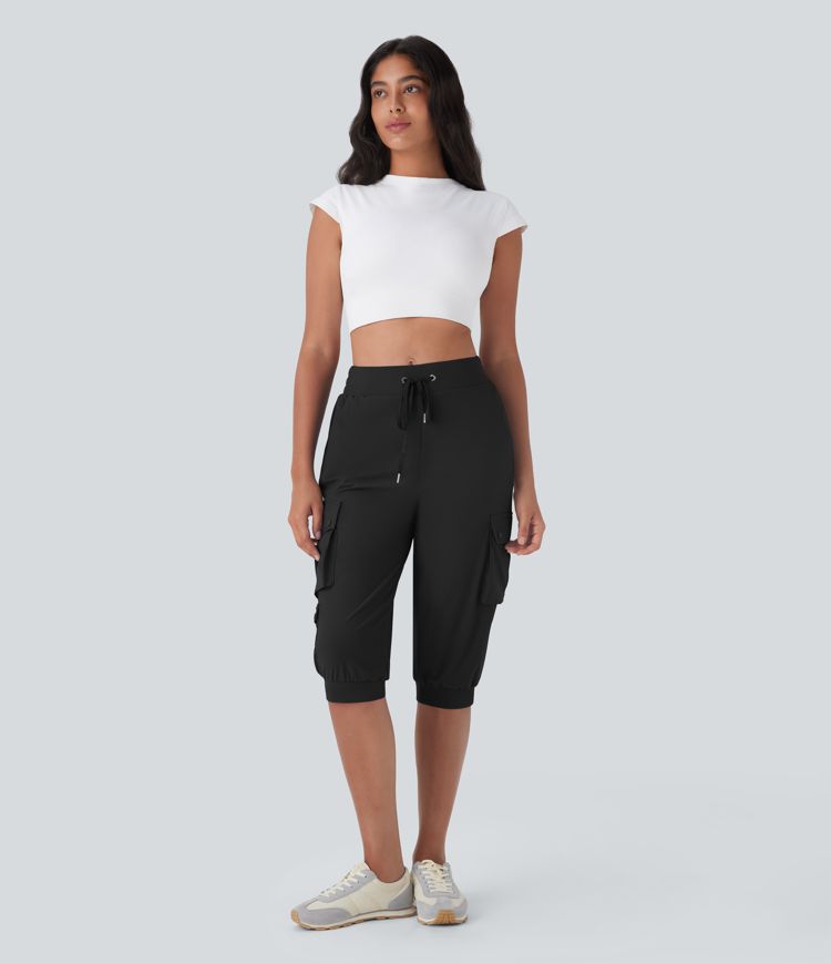 High Waisted Drawstring Quick Dry Dance Cropped Capri Cargo Joggers with Pockets