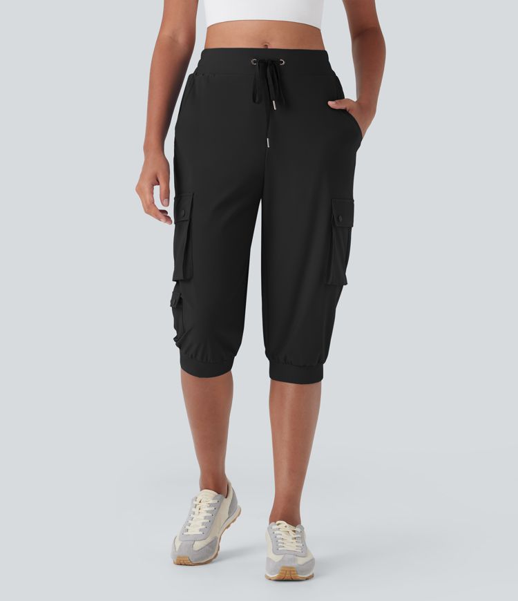 High Waisted Drawstring Quick Dry Dance Cropped Capri Cargo Joggers with Pockets