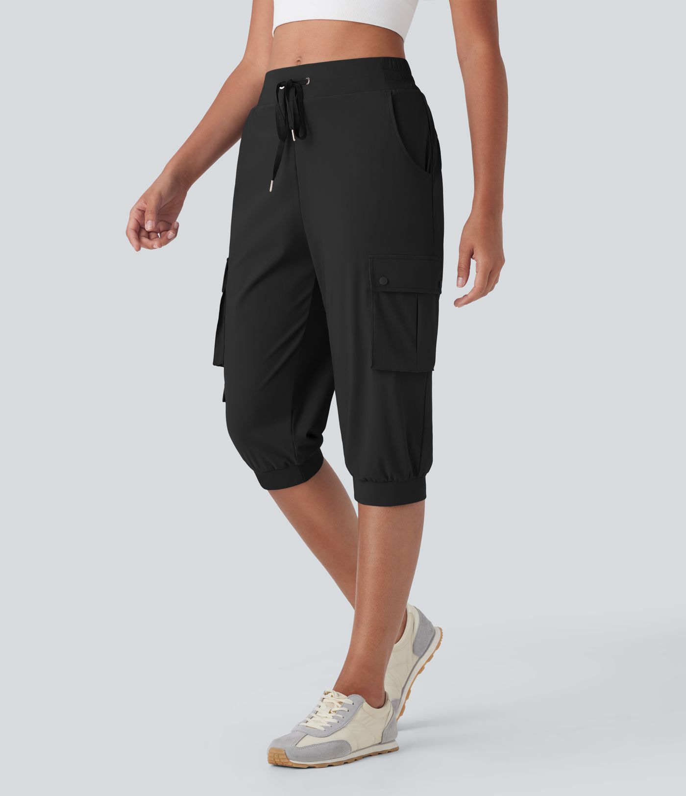 High Waisted Drawstring Quick Dry Dance Cropped Capri Cargo Joggers with Pockets