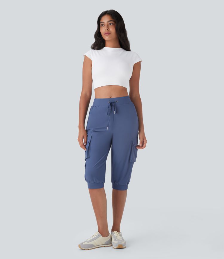 High Waisted Drawstring Quick Dry Dance Pedal Pusher Cargo Joggers with Pockets