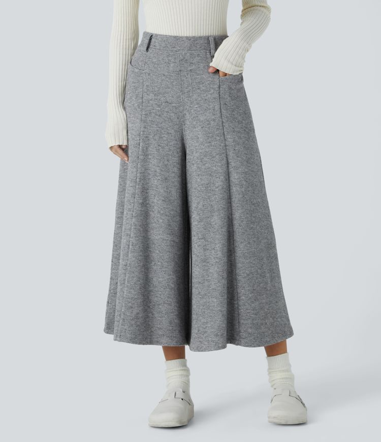 High Waisted Front Pocket Capri Wide Leg Palazzo Casual Trousers