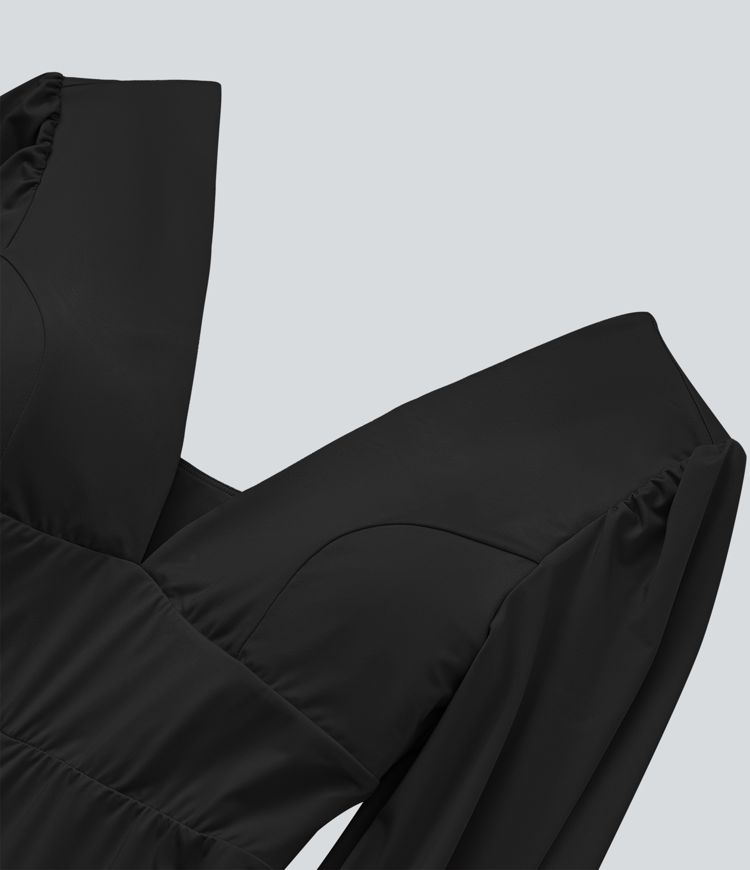 V Neck Puff Long Sleeve Casual Jumpsuit