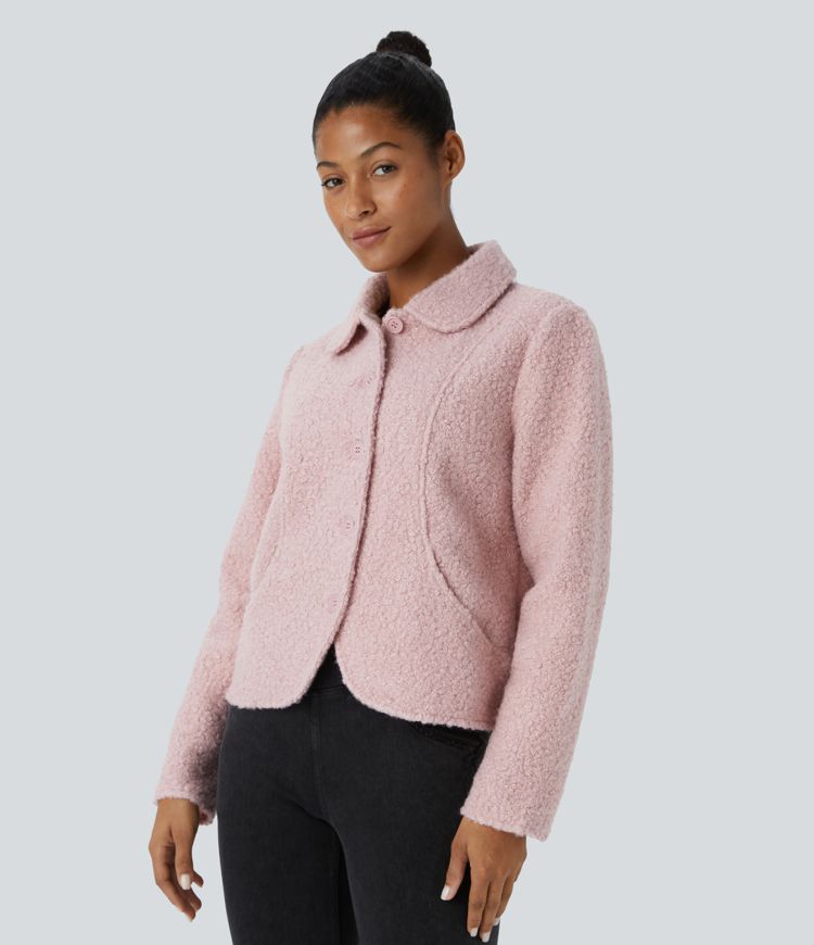 Chaqueta peluche cuello manga larga bolsillo lateral botón delantera