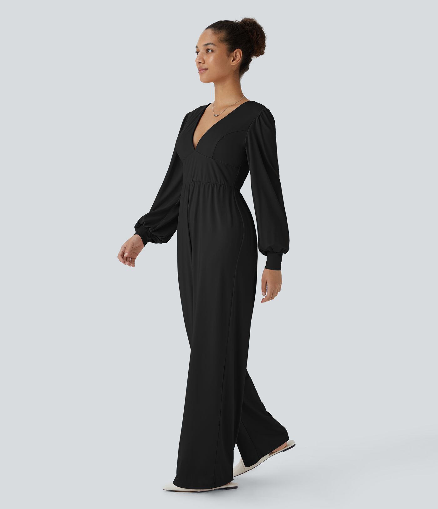 V Neck Puff Long Sleeve Casual Jumpsuit