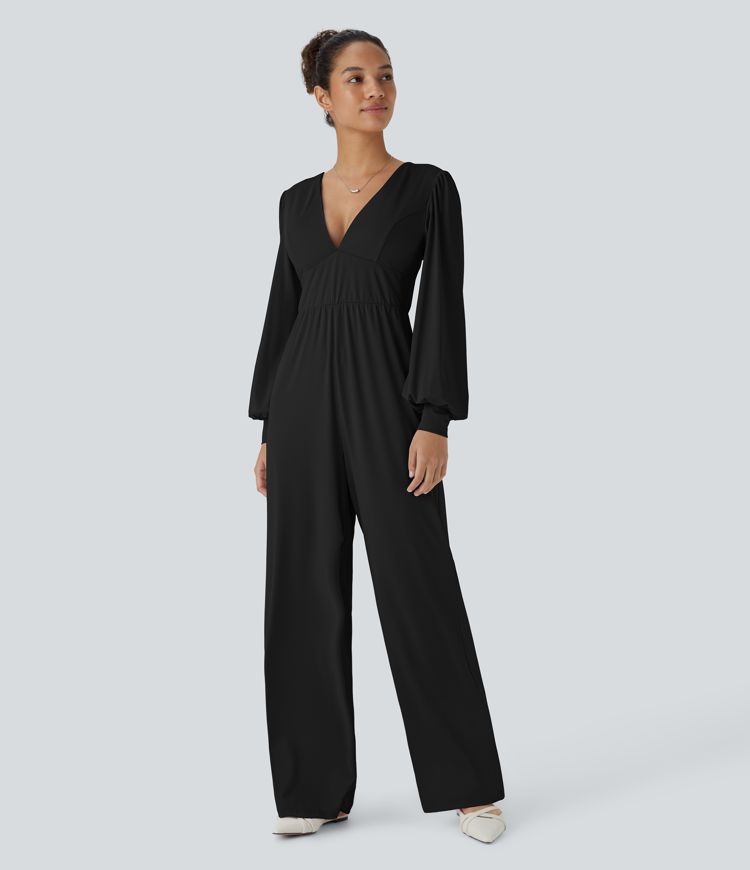 V Neck Puff Long Sleeve Casual Jumpsuit