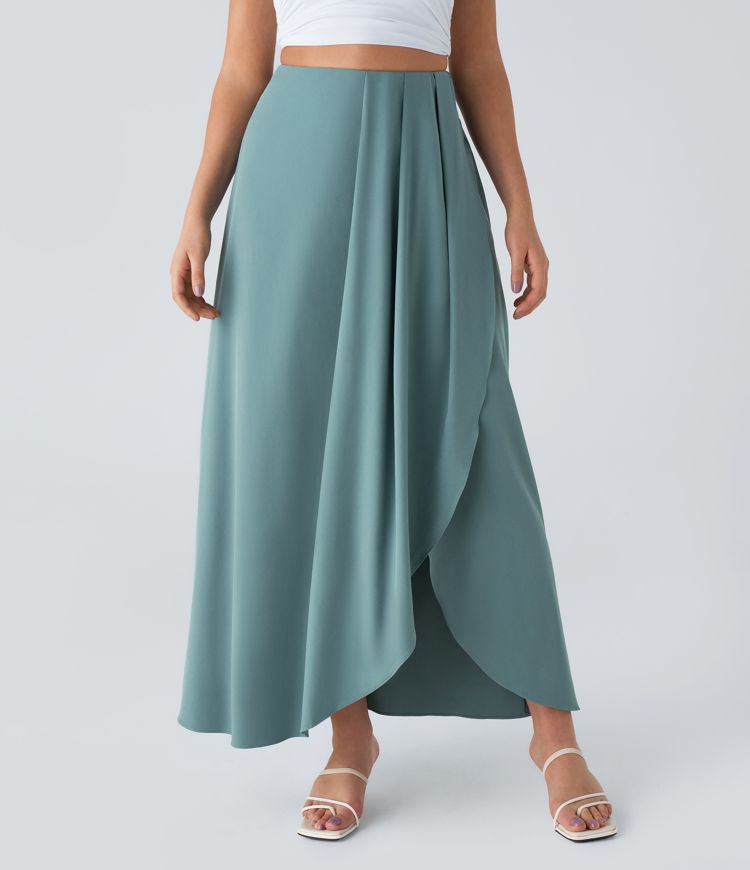 Breezeful™ High Waist Pleated Side Pocket Slit Flowy Quick Dry Maxi Resort Skirt