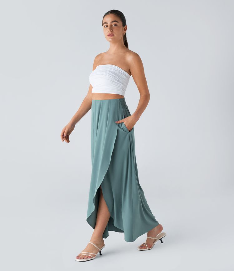 Breezeful™ High Waist Pleated Side Pocket Slit Flowy Quick Dry Maxi Resort Skirt