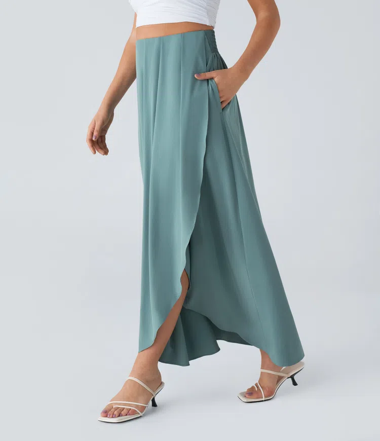 Breezeful™ High Waist Wrinkle Decor Side Pocket Split Flowy Quick Dry Maxi Resort Skirt