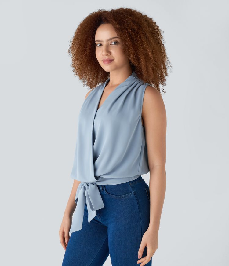 V Neck Wrapped Tie Front Casual Tank Top