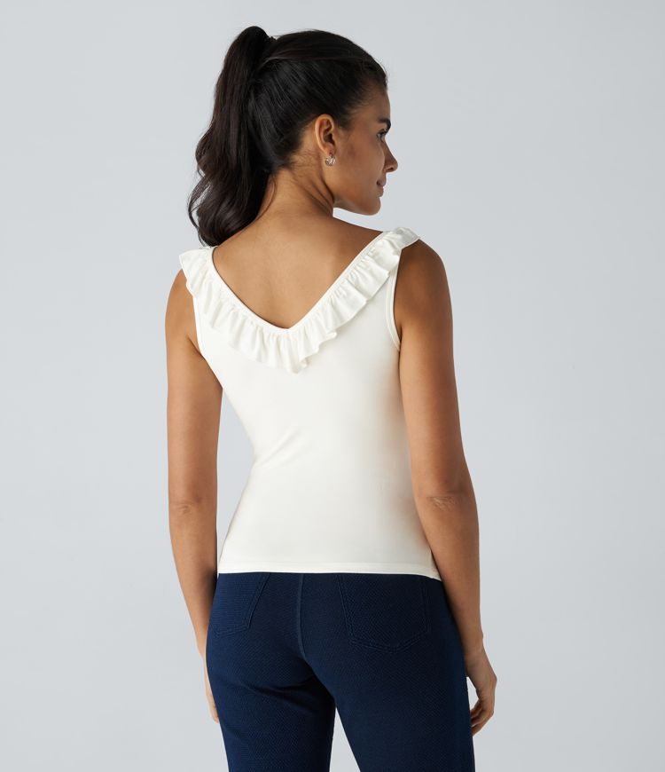 V-neck frill trim slim work tank top