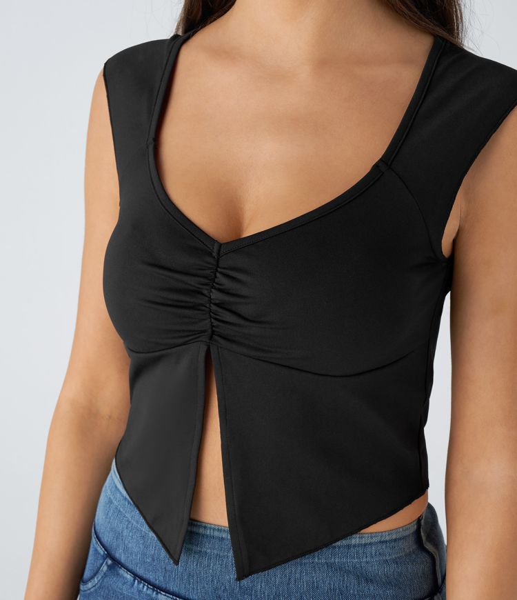 Ruched Split Cropped Casual Top