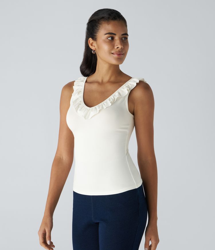 V-neck frill trim slim work tank top