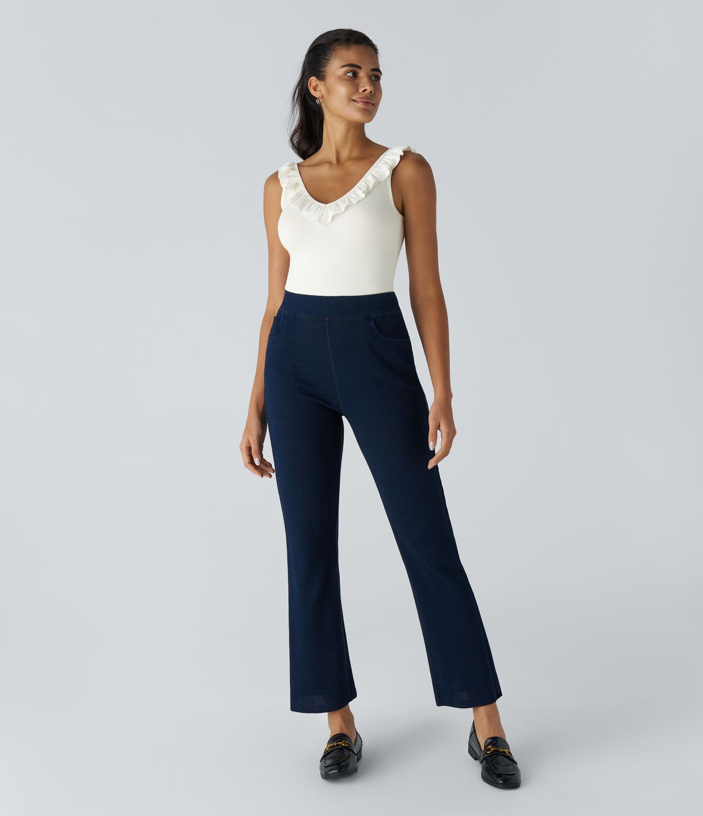 V 넥 러플 트림 슬림 워크 탱크탑