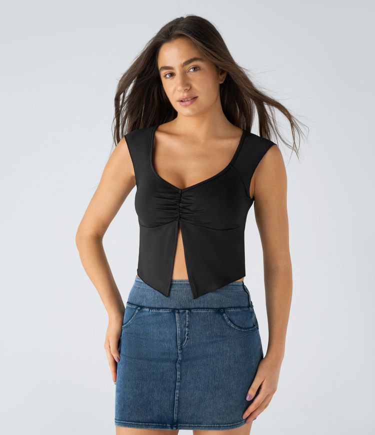 Ruched Split Cropped Casual Top