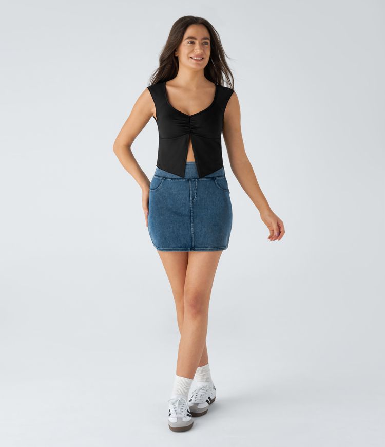 Ruched Split Cropped Casual Top