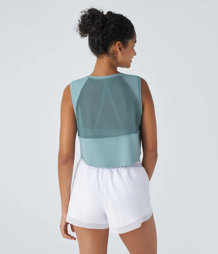 Contrast Mesh Asymmetric Hem Cropped Running Tank Top