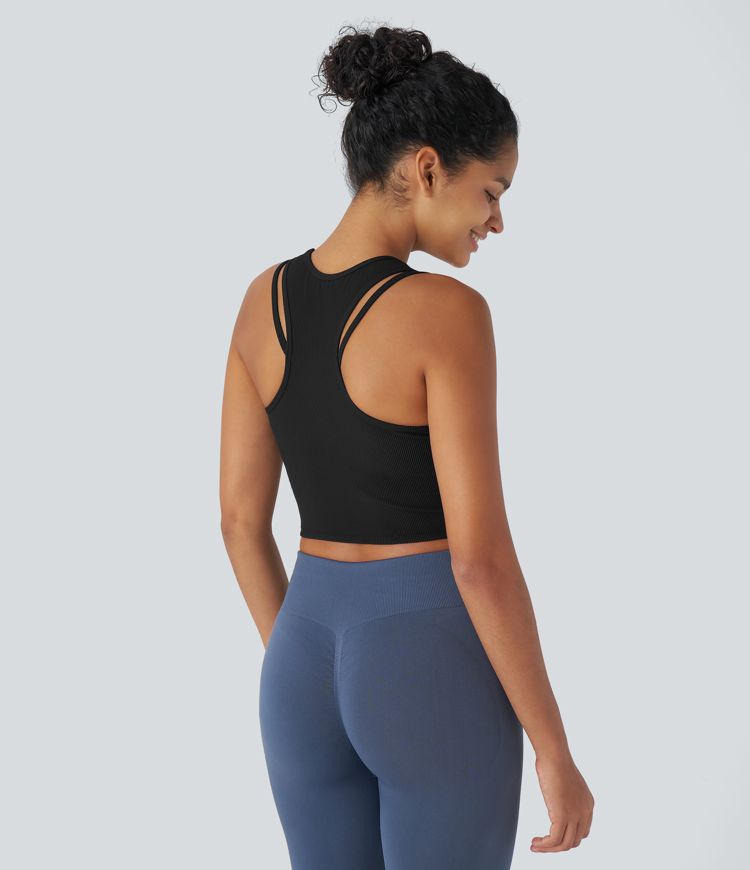 Ribbed Racerback Cut Out Cropped Workout Tank Top