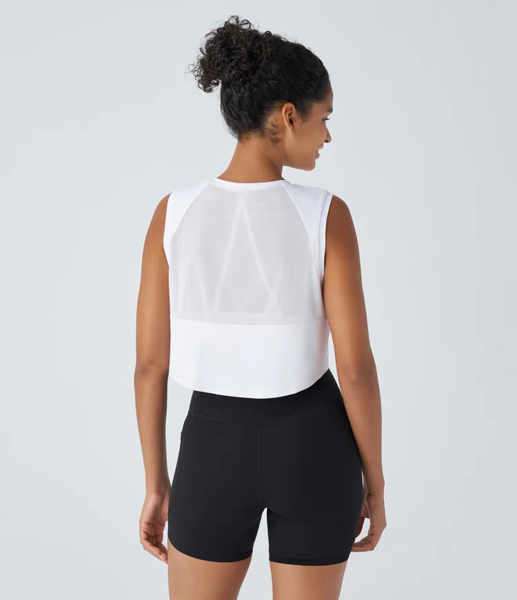 Contrast mesh asymmetrical hem cropped running tank top