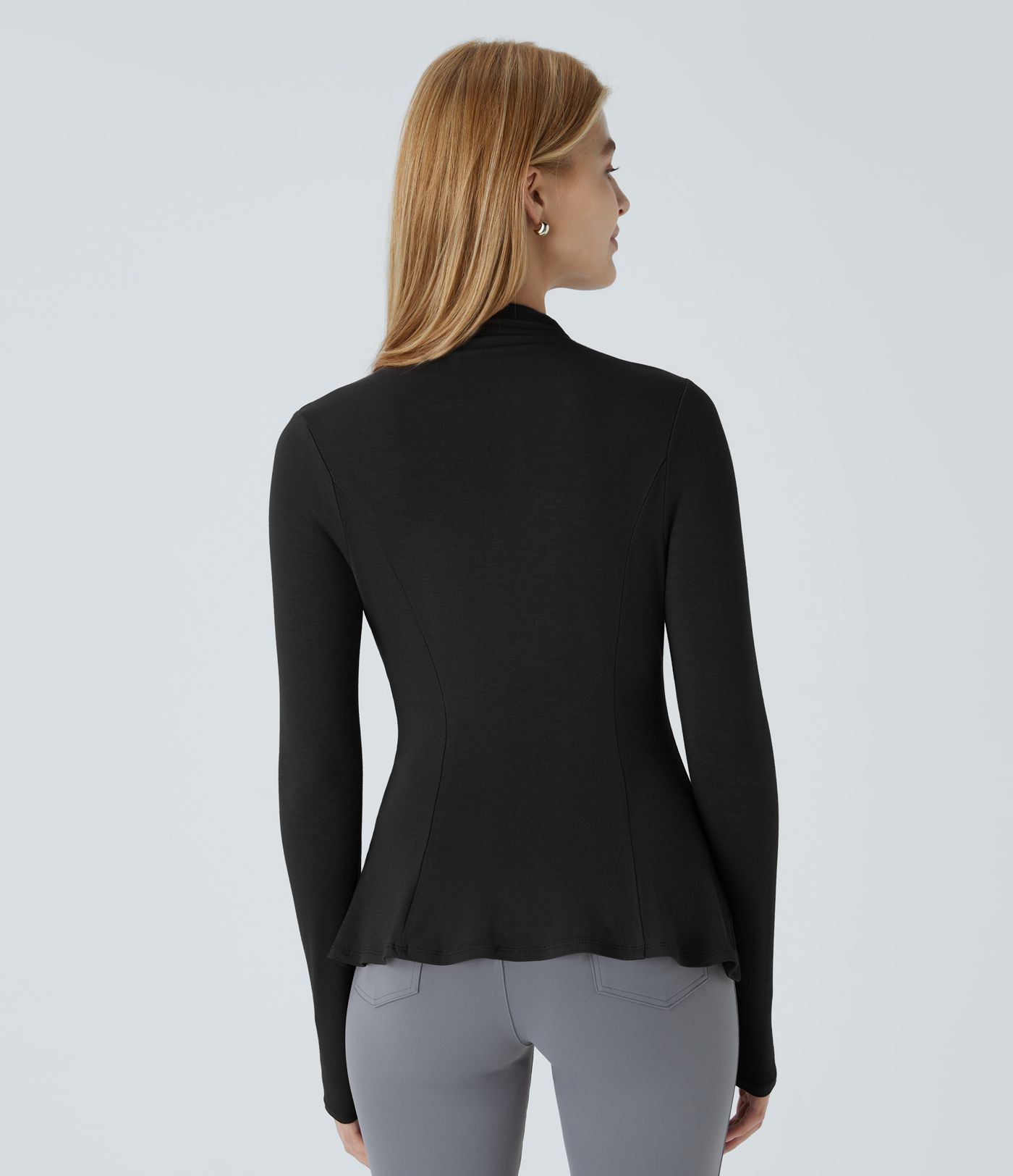 Funnel Neck Long Sleeve Slim Peplum Work Tee