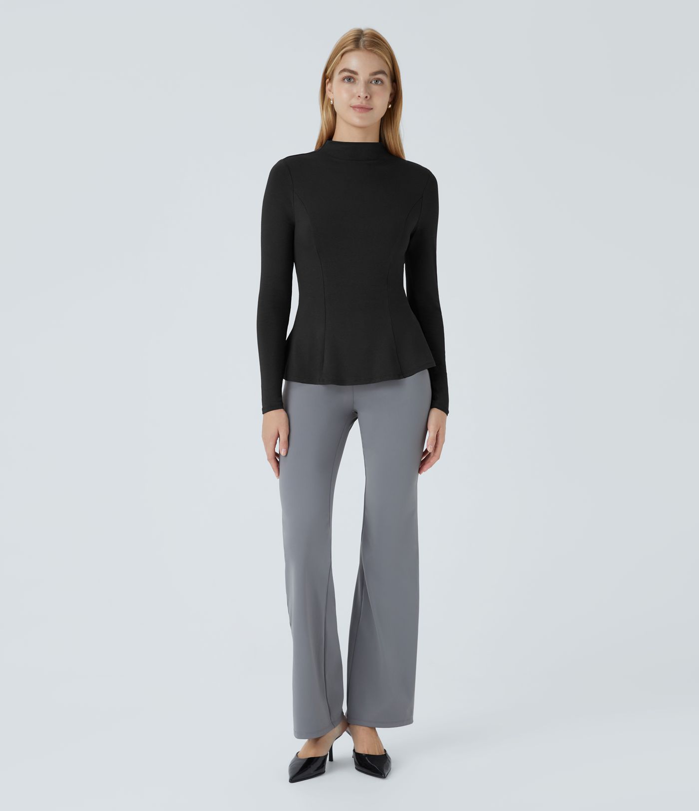 Funnel Neck Long Sleeve Slim Peplum Work Tee