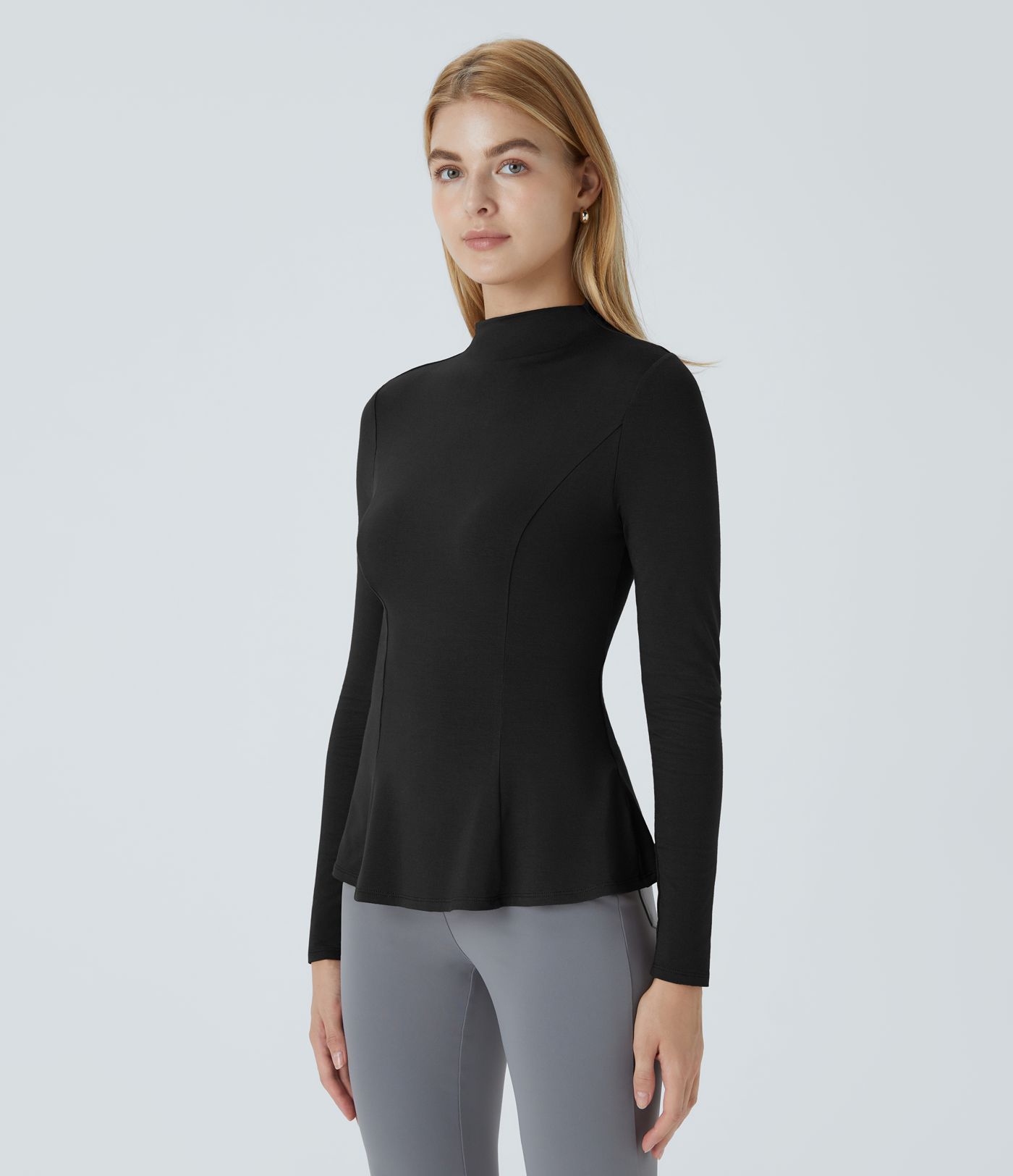 Funnel Neck Long Sleeve Slim Peplum Work Tee