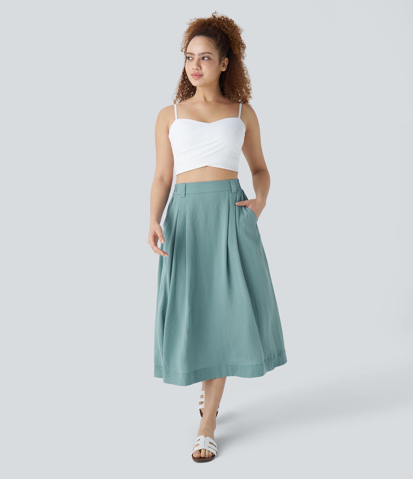 High Waisted Side Pocket Flowy Midi Casual Linen-Feel Skirt
