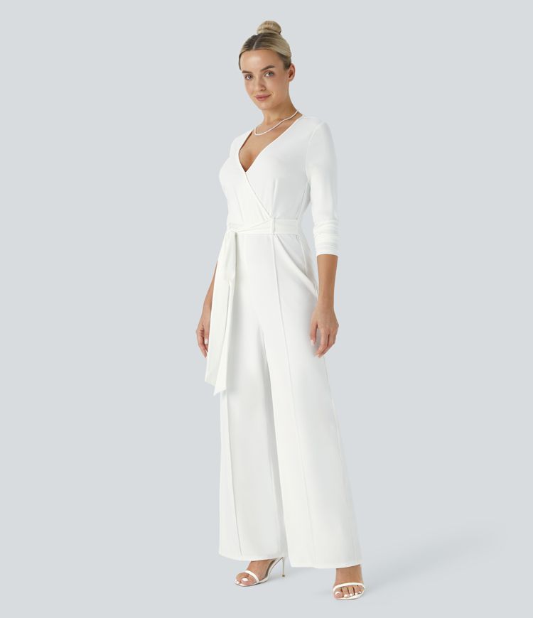 V Neck Long Sleeve Belted Jumpsuit